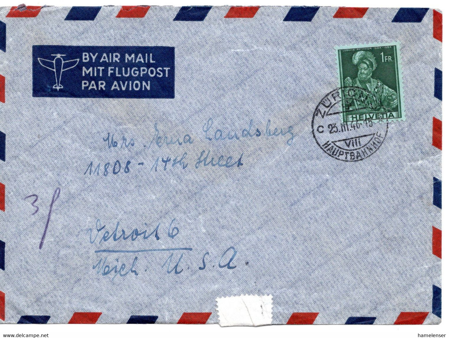 62264 - Schweiz - 1946 - 1Fr Geschichte EF A LpBf ZUERICH -> Detroit, MI (USA) - Storia Postale