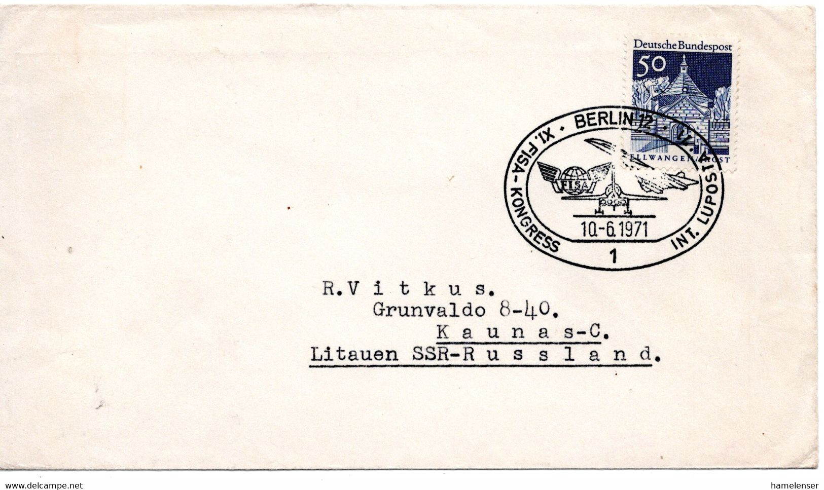 62268 - Bund - 1971 - 50Pfg Gr.Bauten EF A Bf BERLIN - XI.FISA-KONGRESS ... -> KAUNAS (UdSSR) - Expositions Philatéliques