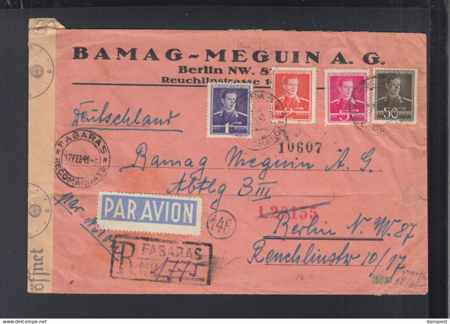 Rumänien Romania Flugpost R-Brief 1942 Fagaras Nach Berlin - 2. Weltkrieg (Briefe)