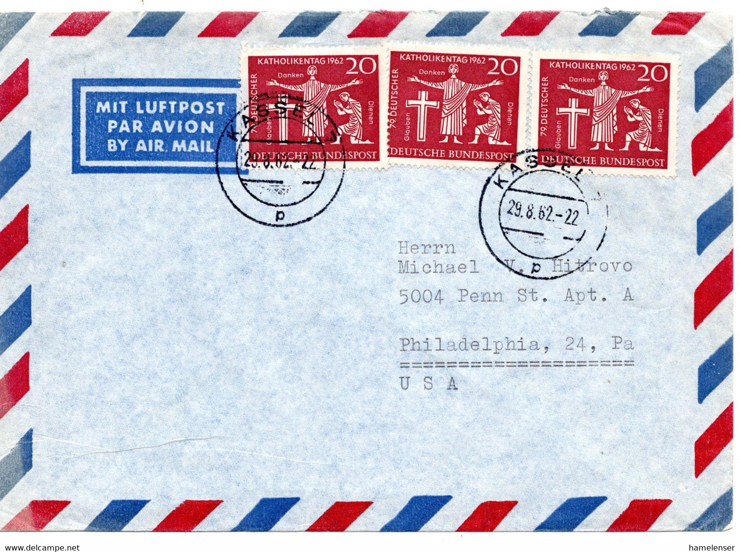 62270 - Bund - 1962 - 3@20Pfg Katholikentag '62 A LpBf KASSEL -> Philadelphia, PA (USA) - Christianity