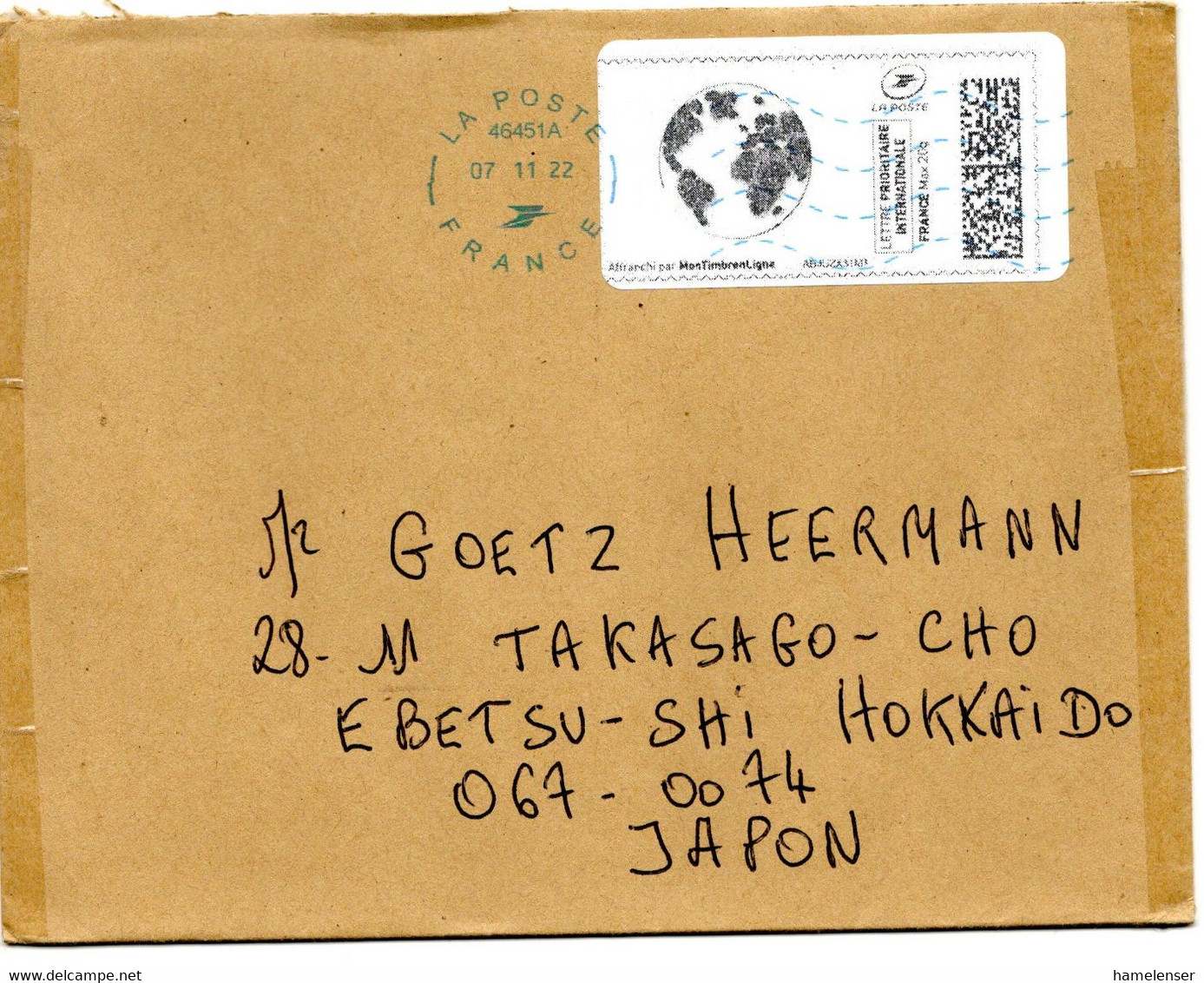 62277 - Frankreich - 2022 - EF A Bf 46451A -> Japan - Covers & Documents