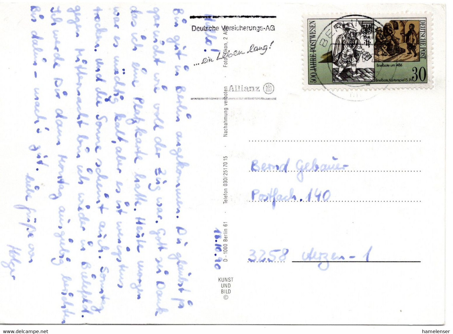 62389 - DDR - 1990 - 30Pfg Postwesen EF A AnsKte BERLIN - DEUTSCHE VERSICHERUNGS-AG ... -> VGW - Lettres & Documents