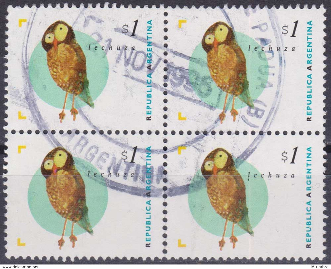 Argentine YT 1889 Mi 2266 Année 1995 (Used °) Animaux - Oiseaux - Chouettes - Hiboux (Bloc De 4) - Gebraucht