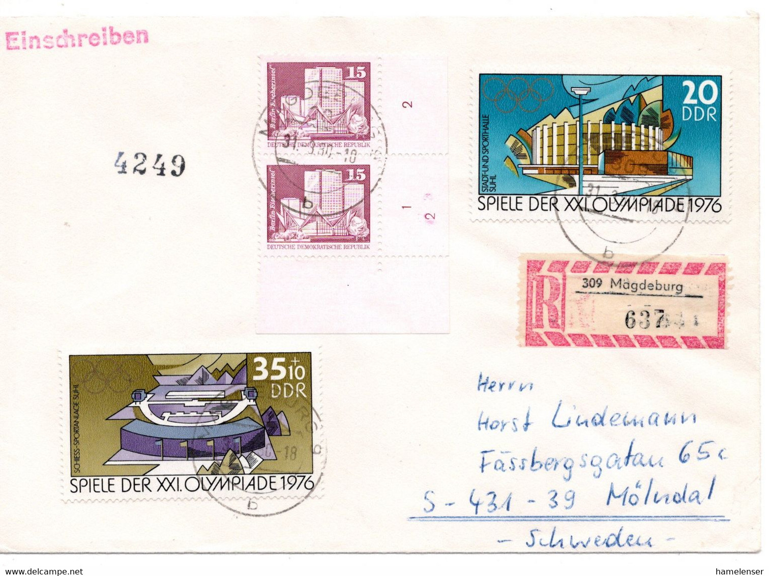 62392 - DDR - 1990 - 2@15Pfg Kl.Bauten (m. Platten#2) MiF A R-Bf MAGDEBURG -> Schweden - Storia Postale