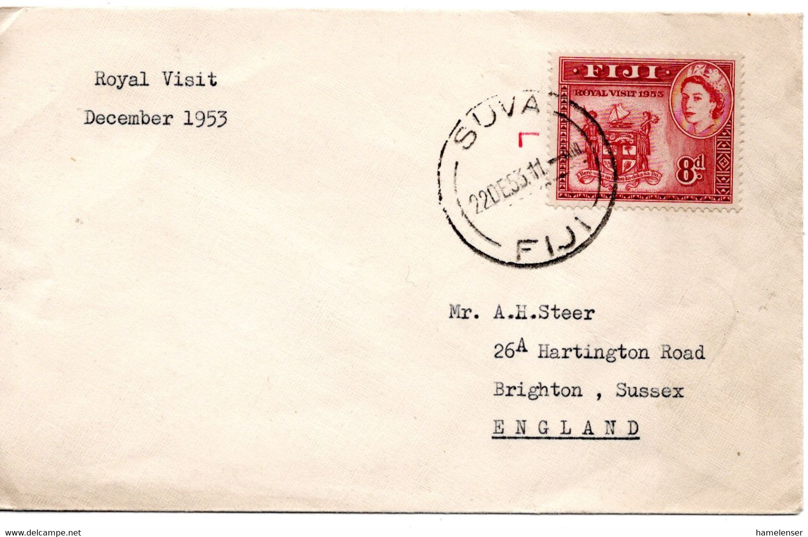 62401 - Fiji - 1953 - 8d Royal Visit EF A Bf SUVA -> Grossbritannien - Fiji (...-1970)
