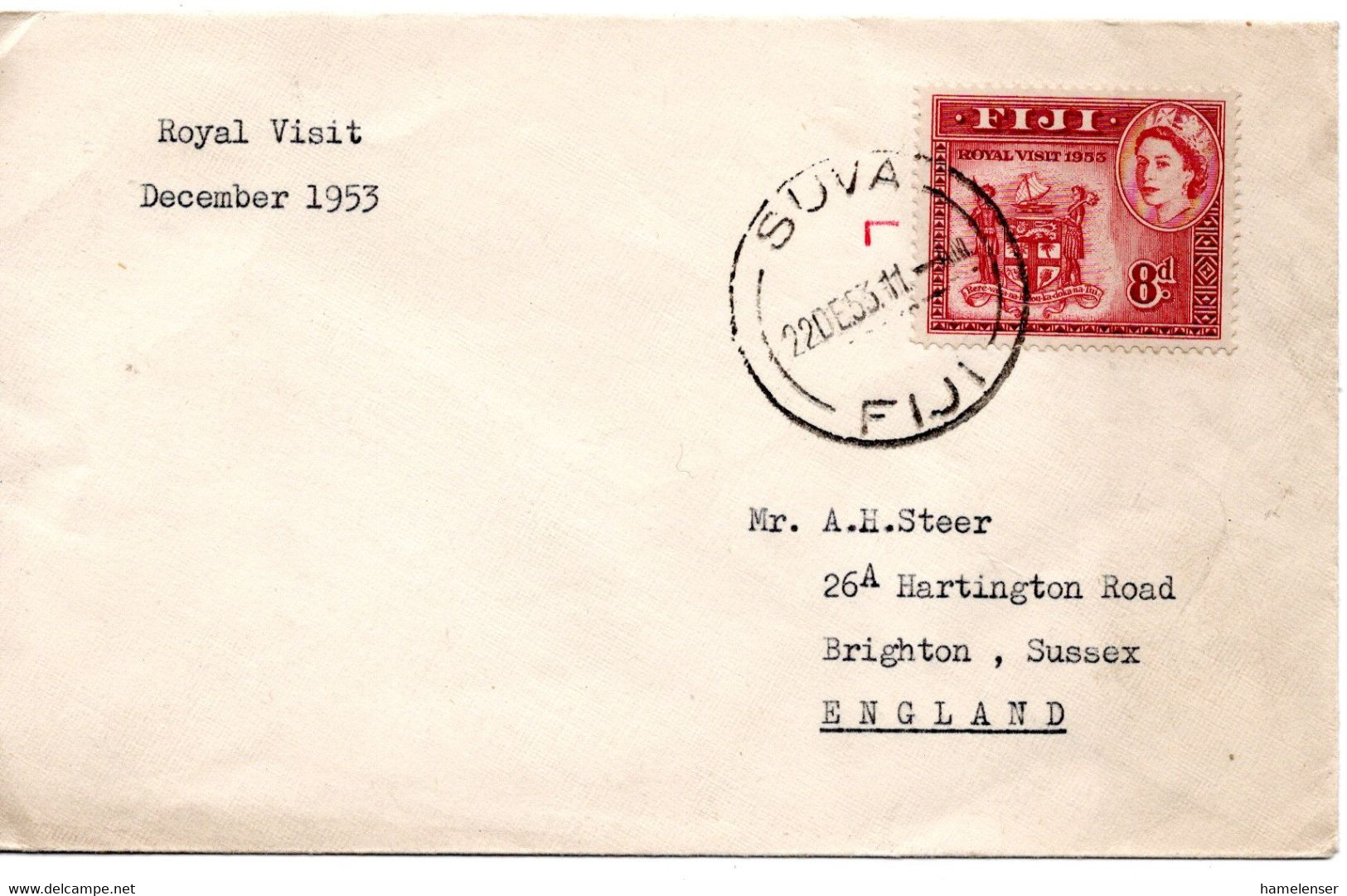 62401 - Fiji - 1953 - 8d Royal Visit EF A Bf SUVA -> Grossbritannien - Fidschi-Inseln (...-1970)