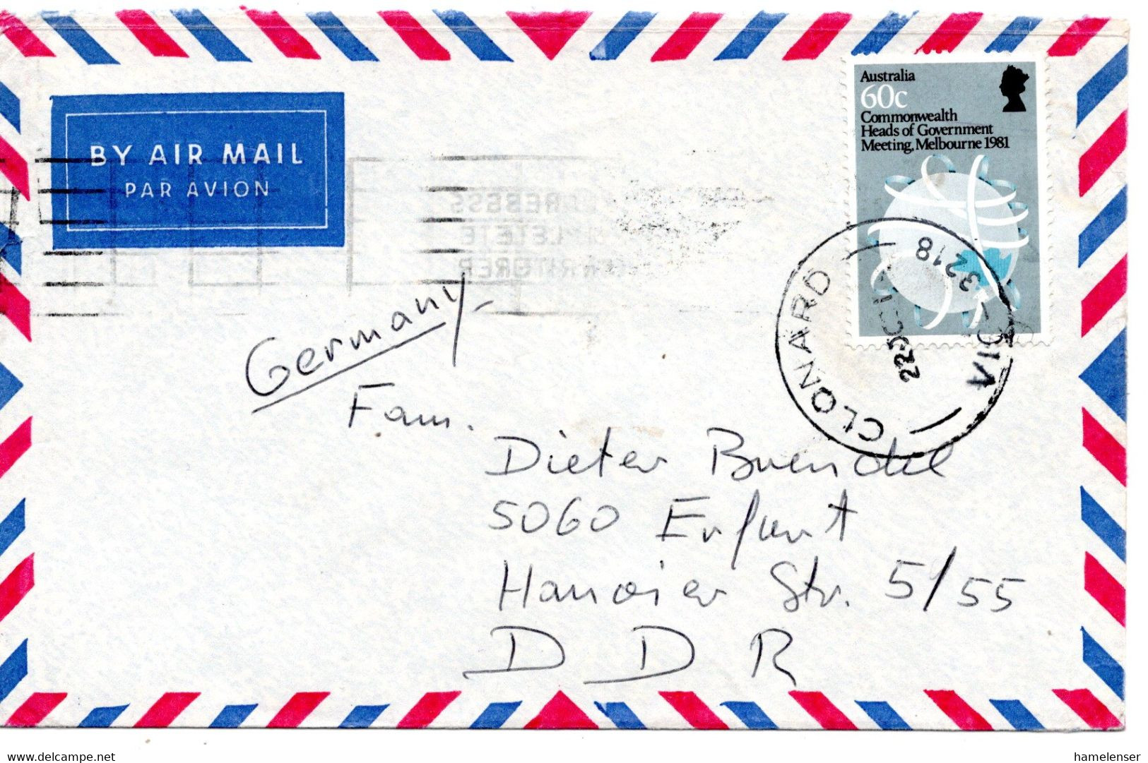 62403 - Australien - 1981 - 60c. Commonwealth Regierungstreffen EF A LpBf CLONARD -> DDR - Lettres & Documents