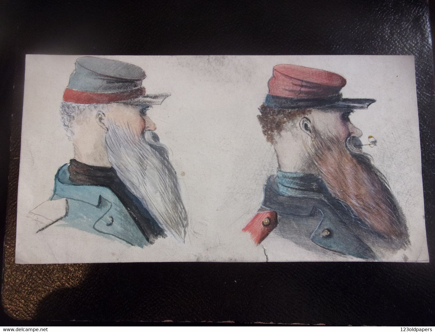 ♥️ XIX EME VERS 1880 DESSIN AQUARELLE MILITAIRE UNIFORME AU DOS CROQUIS SIGNATURE GENESTON KEPI BARBE LEGION SAPEUR ? - Acuarelas