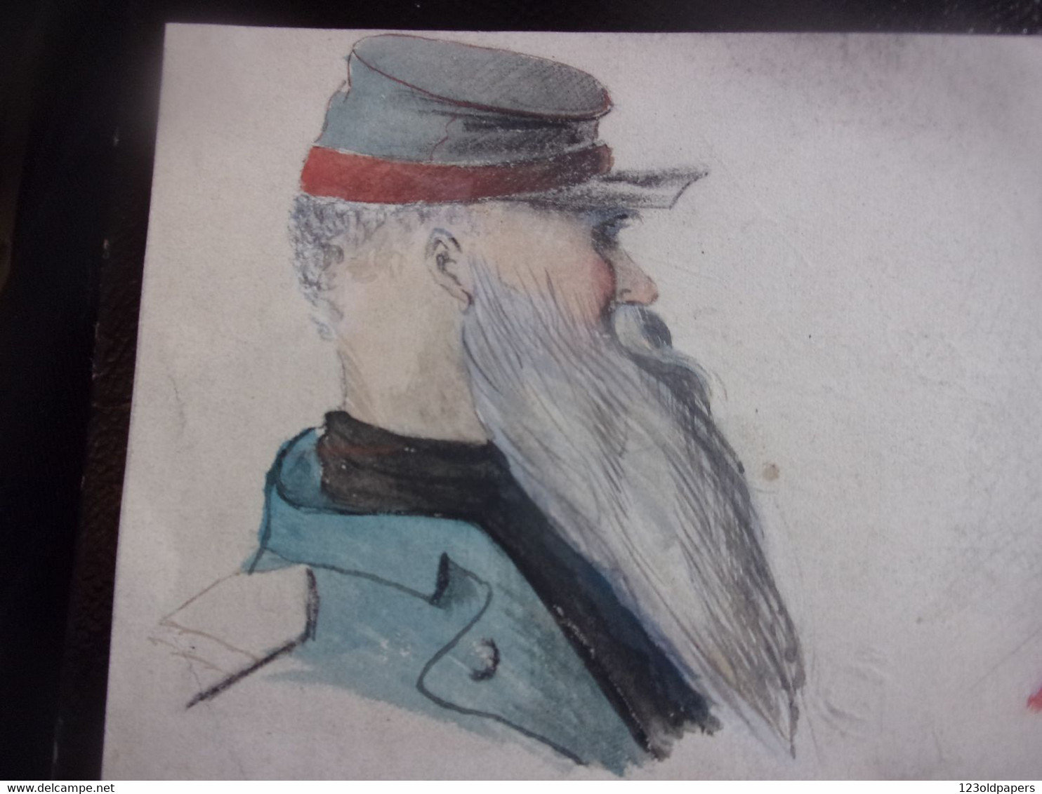 ♥️ XIX EME VERS 1880 DESSIN AQUARELLE MILITAIRE UNIFORME AU DOS CROQUIS SIGNATURE GENESTON KEPI BARBE LEGION SAPEUR ? - Acquarelli