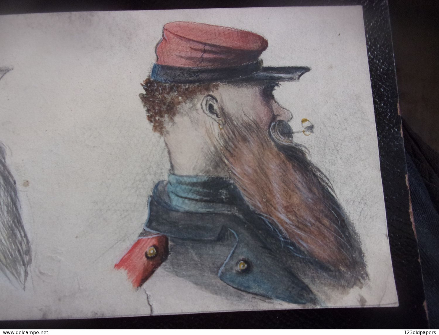 ♥️ XIX EME VERS 1880 DESSIN AQUARELLE MILITAIRE UNIFORME AU DOS CROQUIS SIGNATURE GENESTON KEPI BARBE LEGION SAPEUR ? - Acquarelli