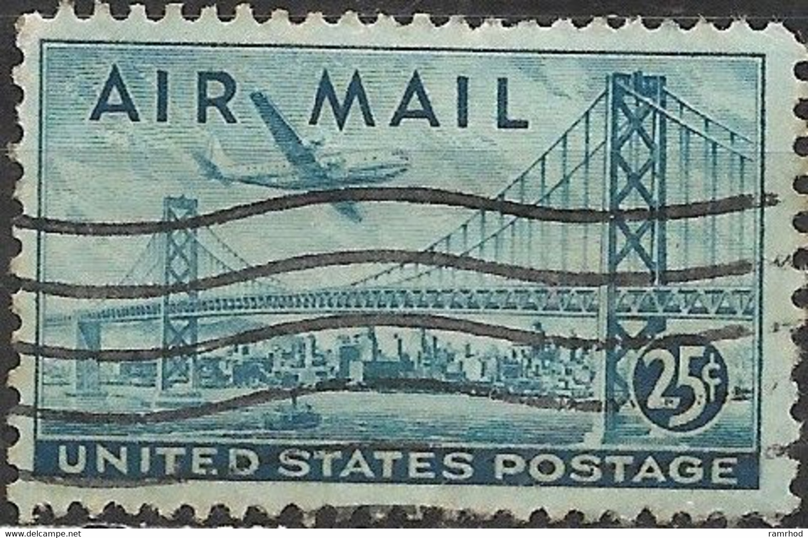 USA 1947 Air. San Francisco–Oakland Bay Suspension Bridge - 25c. - Blue FU - 2a. 1941-1960 Oblitérés