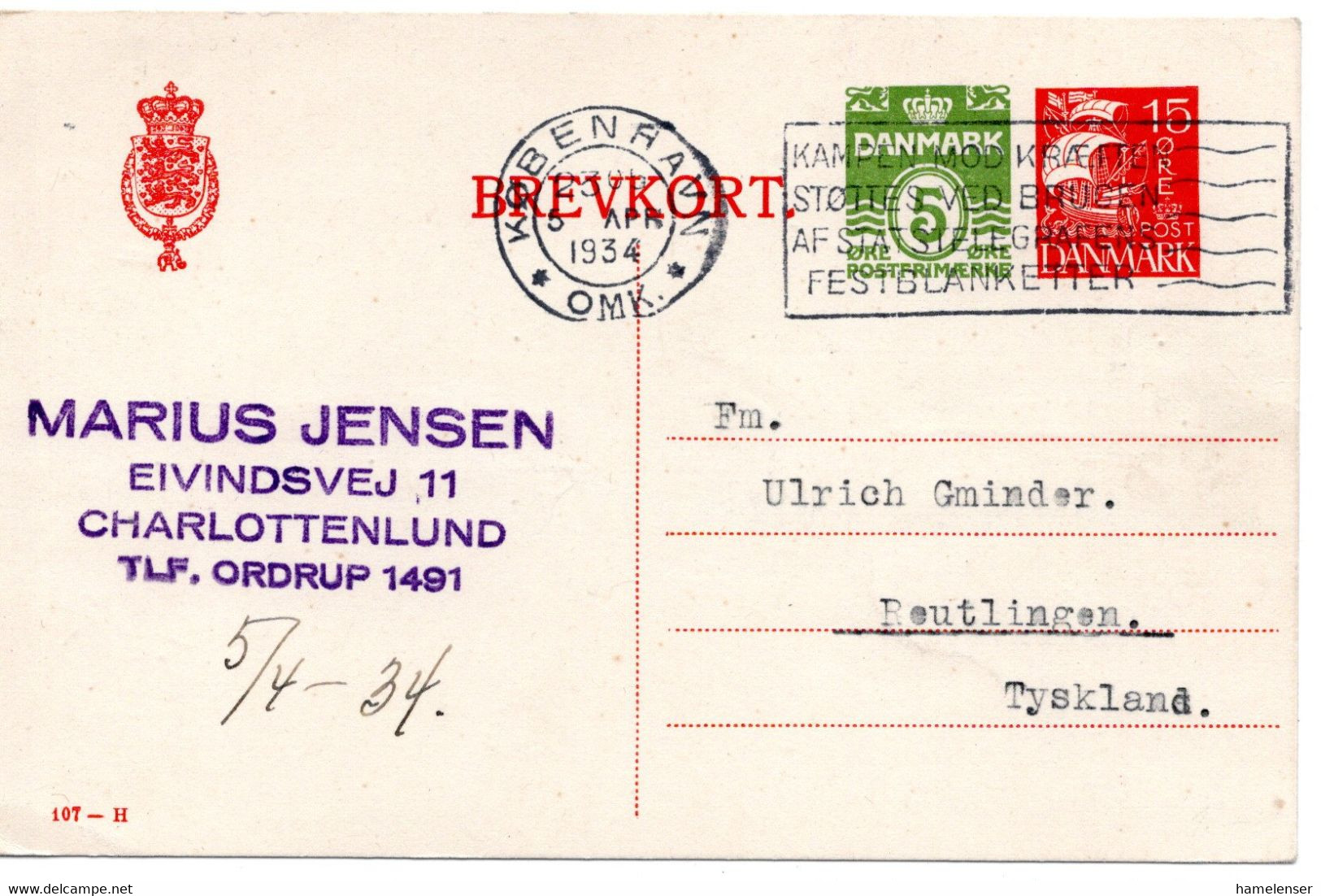 62422 - Daenemark - 1934 - 5&15o GAKte KOBENHAVN - ... -> Deutschland - Covers & Documents