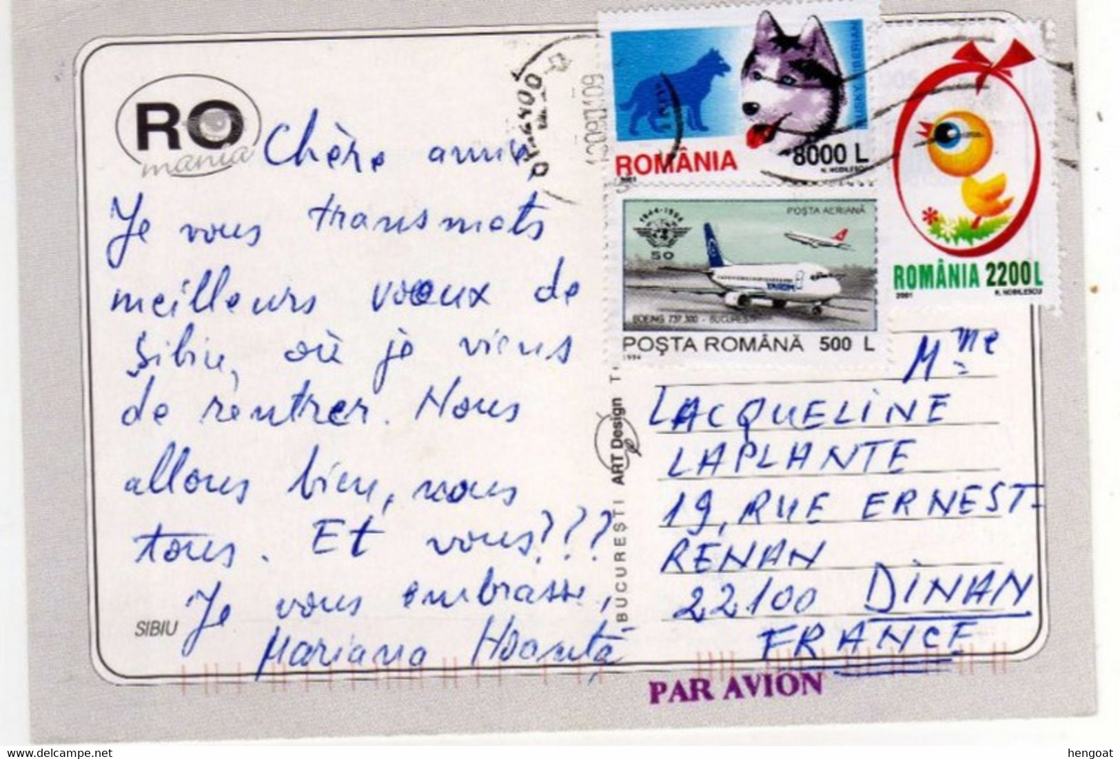 Timbres , Stamps   " Avion : Boeing 737 , Animaux : Chien Husky , Poussin " Sur Cp , Carte , Postcard Du 18/09/01 - Storia Postale