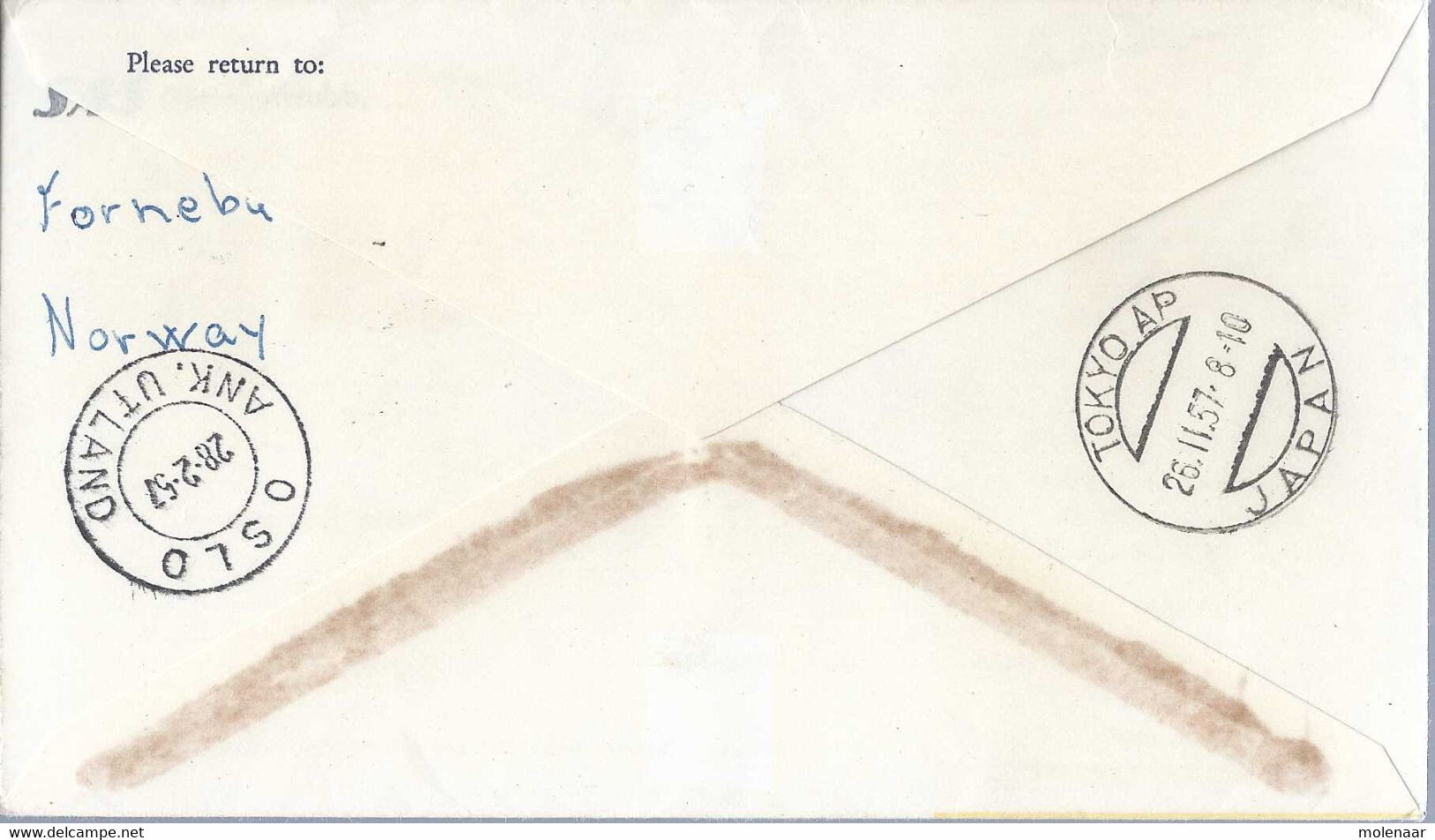 Noorwegen Luchtpostbrief SAS Vlucht Over De Noordpool Naar Tokio Op 24-2-1957 (9561) - Briefe U. Dokumente