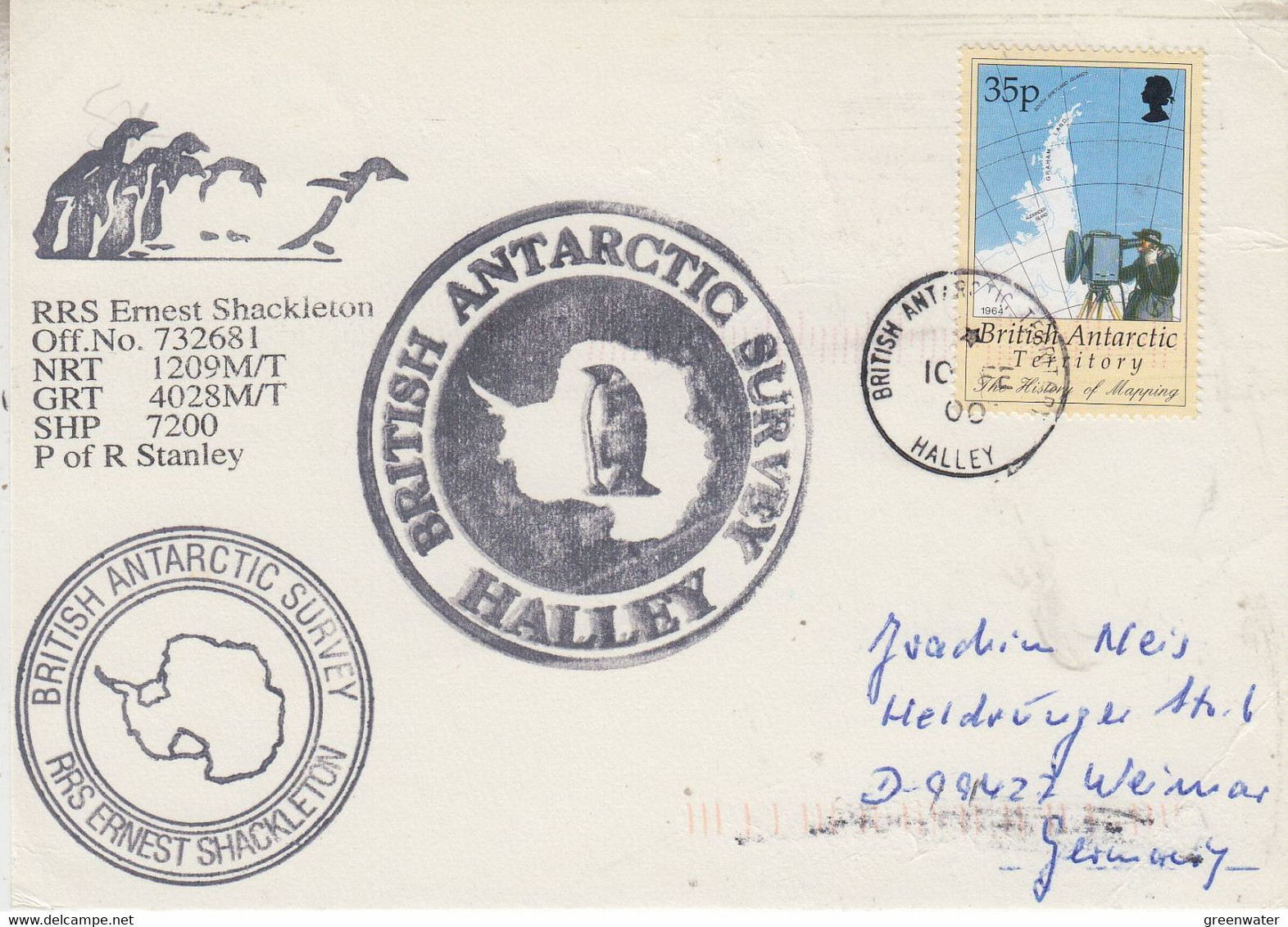 British Antarctic Territory (BAT) Ca RRS Shackleton  Card  Ca Halley 10 FE 2000 (AT213) - Storia Postale
