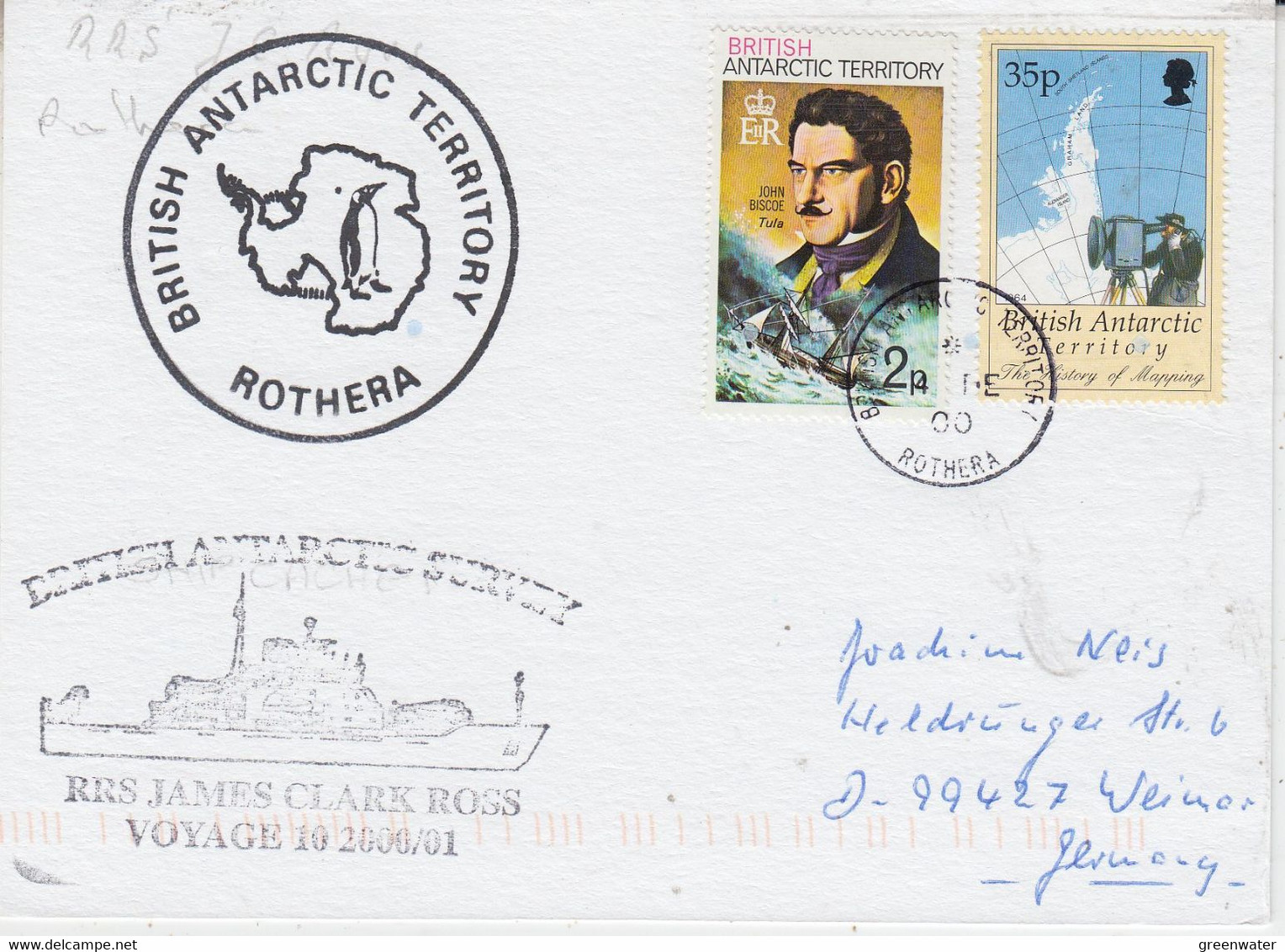 British Antarctic Territory (BAT) Ca RRS James Clark Ross  Card  Ca Rothera 2 FE 2000 (AT214) - Storia Postale