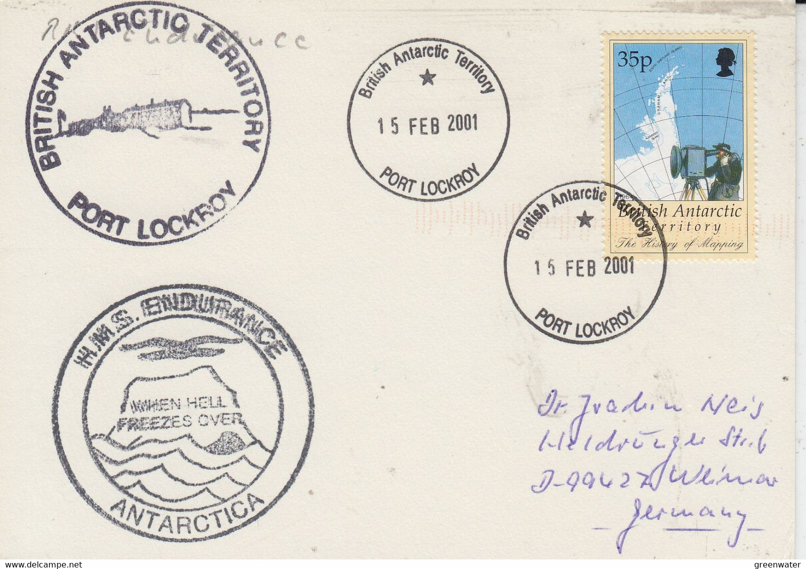 British Antarctic Territory (BAT) Ca HMS Endurance  Card  Ca Port Lockroy 15 FEB 2001 (AT215) - Brieven En Documenten