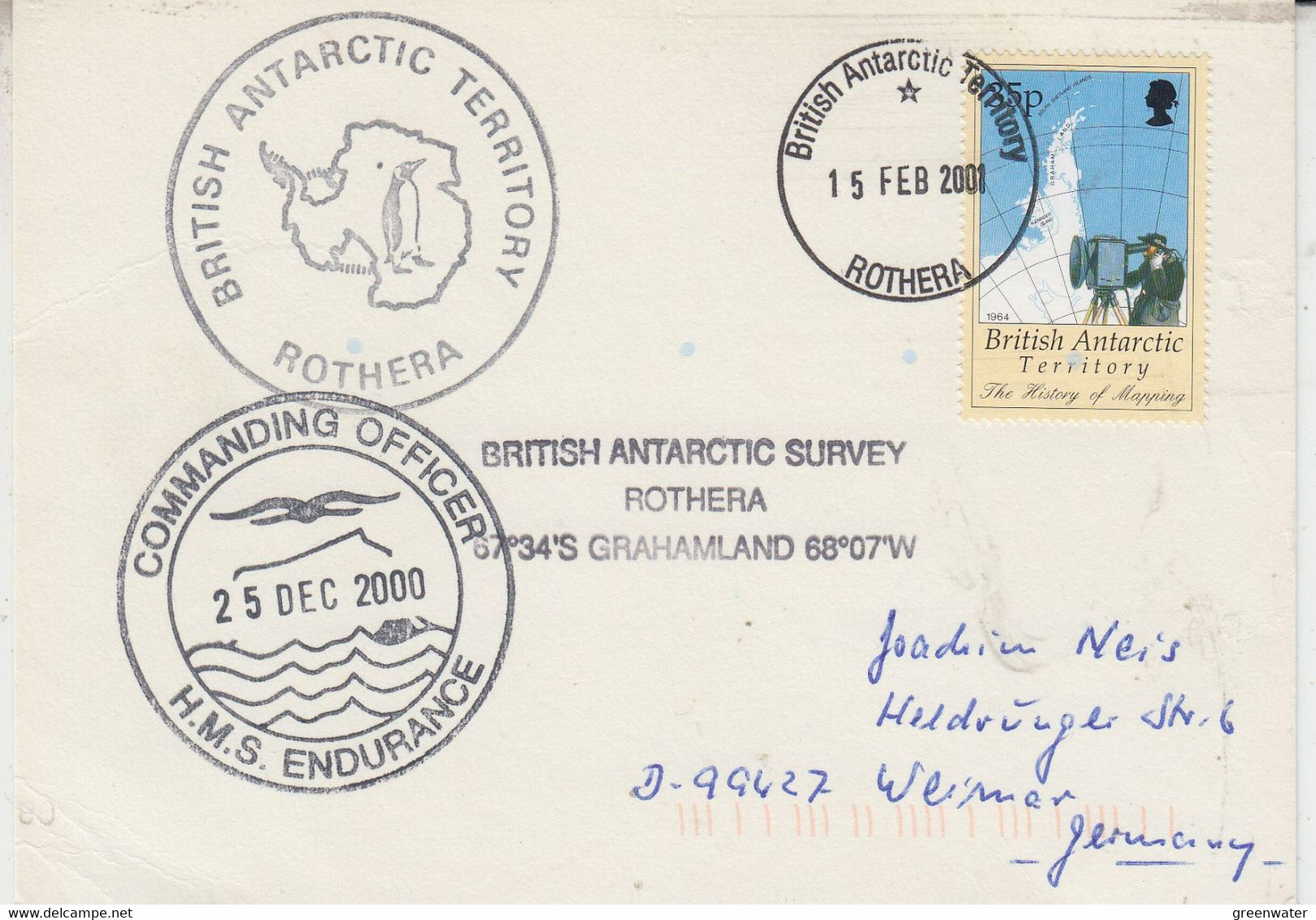 British Antarctic Territory (BAT Ca HMS Endurance Cover  Ca Rothera 15 FEB 2001(AT217) - Covers & Documents