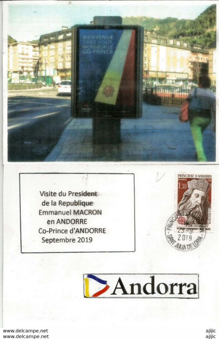 Visite Du President Francais E Macron,Co-Prince D'Andorre,Septembre 2019,au Dos Charlemagne,avec Cachet Andorre(RARE) - Lettres & Documents