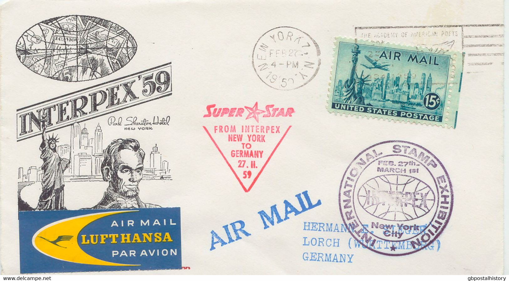 USA 1955/9 4 versch. seltene gesuchte Erst- und 1 Sonderflug der Dt. Lufthansa: New York - Hamburg, New York - Frankfurt