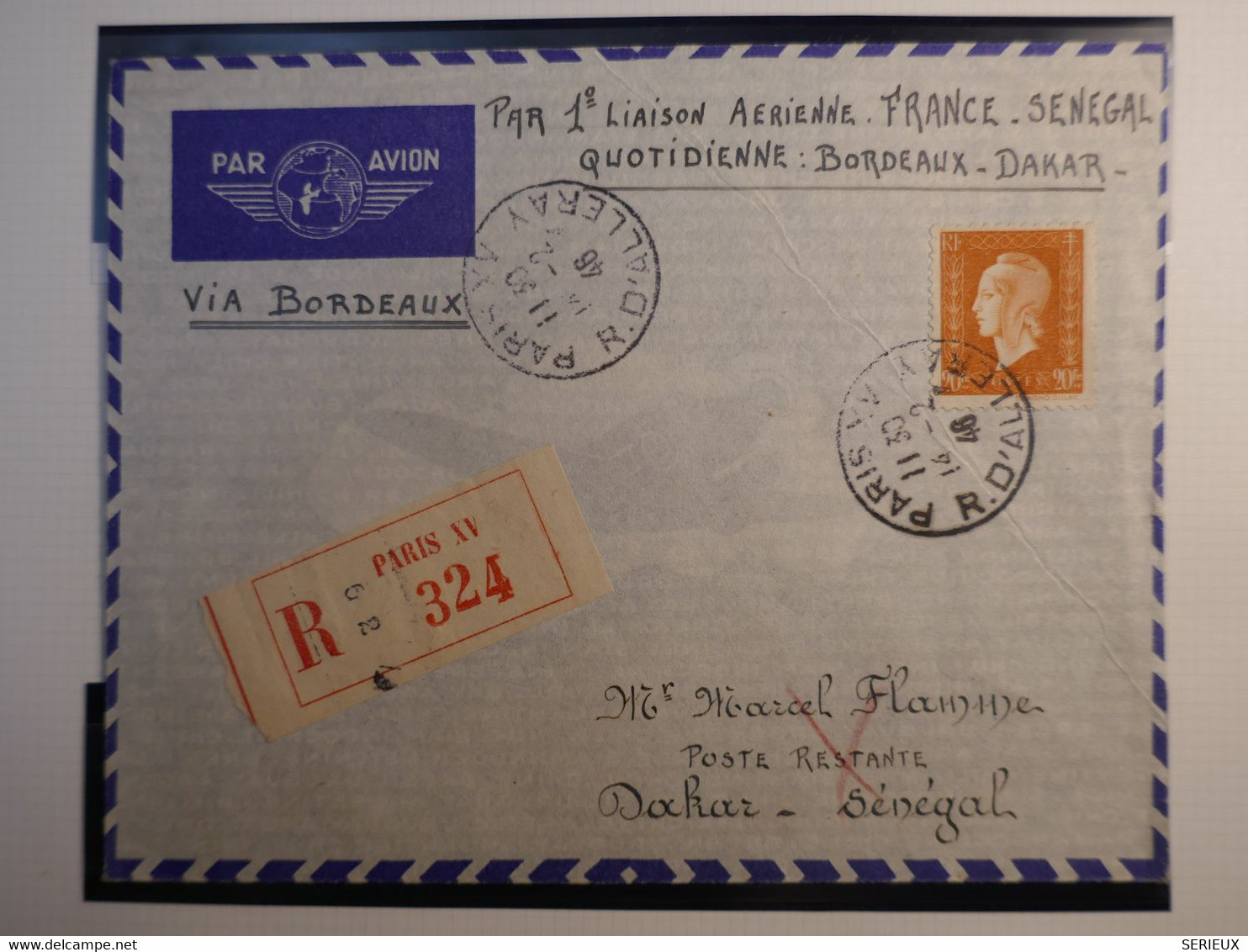 C1 FRANCE  BELLE LETTRE RECOM. RR  1946 1ER VOL PARIS DAKAR SENEGAL ++AEROPHILATELIE+AFFRANCH.  PLAISANT+ - 1927-1959 Lettres & Documents