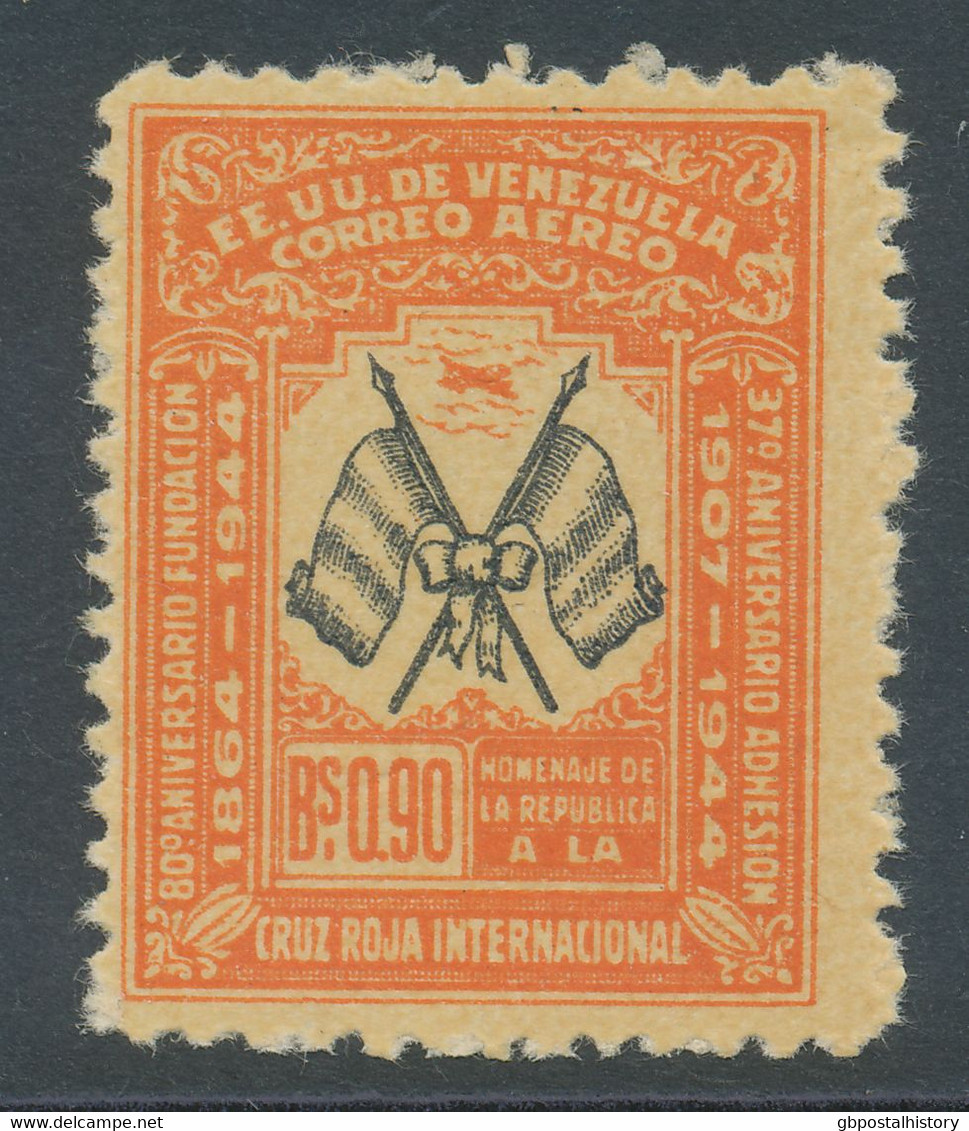VENEZUELA 1944 80 Jahre Internationales Rotes Kreuz 90C Rotorange/mehrfarbig, Postfr. Kab.-Stück, ABART: Fehlende Farben - Venezuela