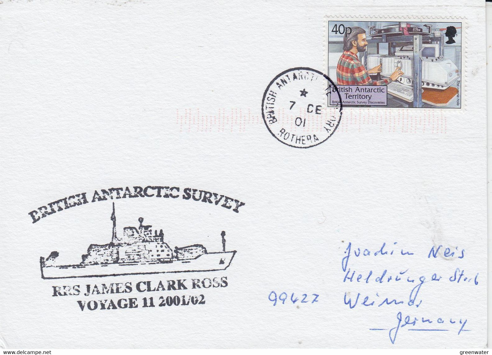 British Antarctic Territory (BAT) Ca RRS James Clark Ross Card Ca Rothera 7 DE 2001 (AT222) - Lettres & Documents