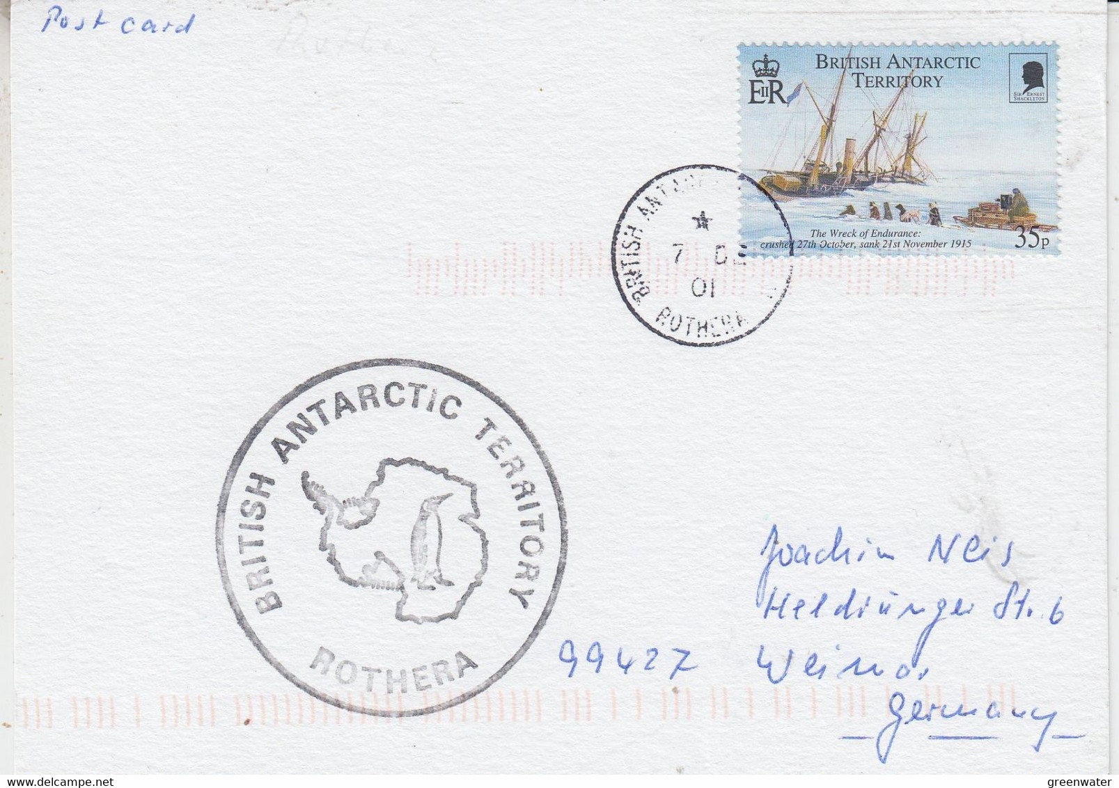 British Antarctic Territory (BAT)  Card  Ca Rothera 7 DE 2001 (AT224) - Brieven En Documenten