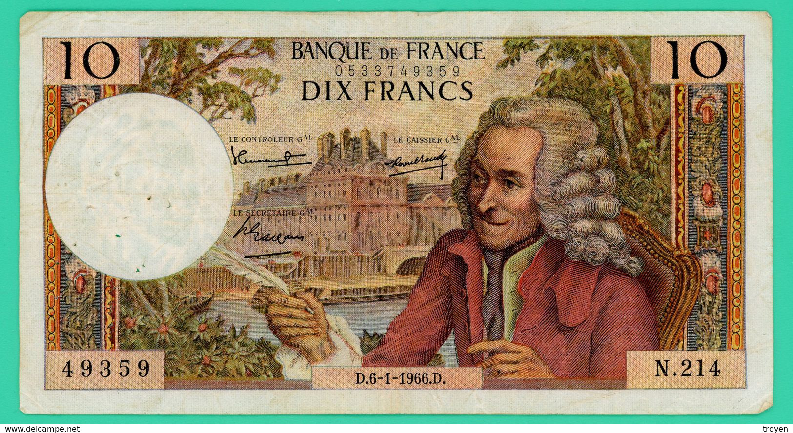 10 Francs - Voltaire - France -  D.6-1-1966.D  N° 49359 / N.214  - TB +- - 10 F 1963-1973 ''Voltaire''