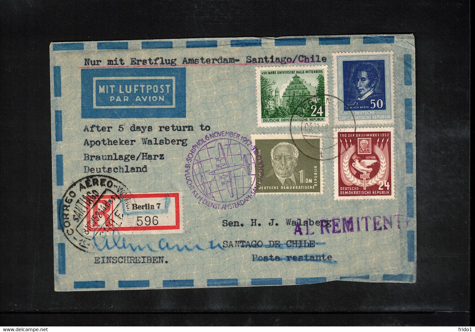 Germany / Deutschland DDR 1952 KLM First Flight Amsterdam - Santiago De Chile - Covers & Documents