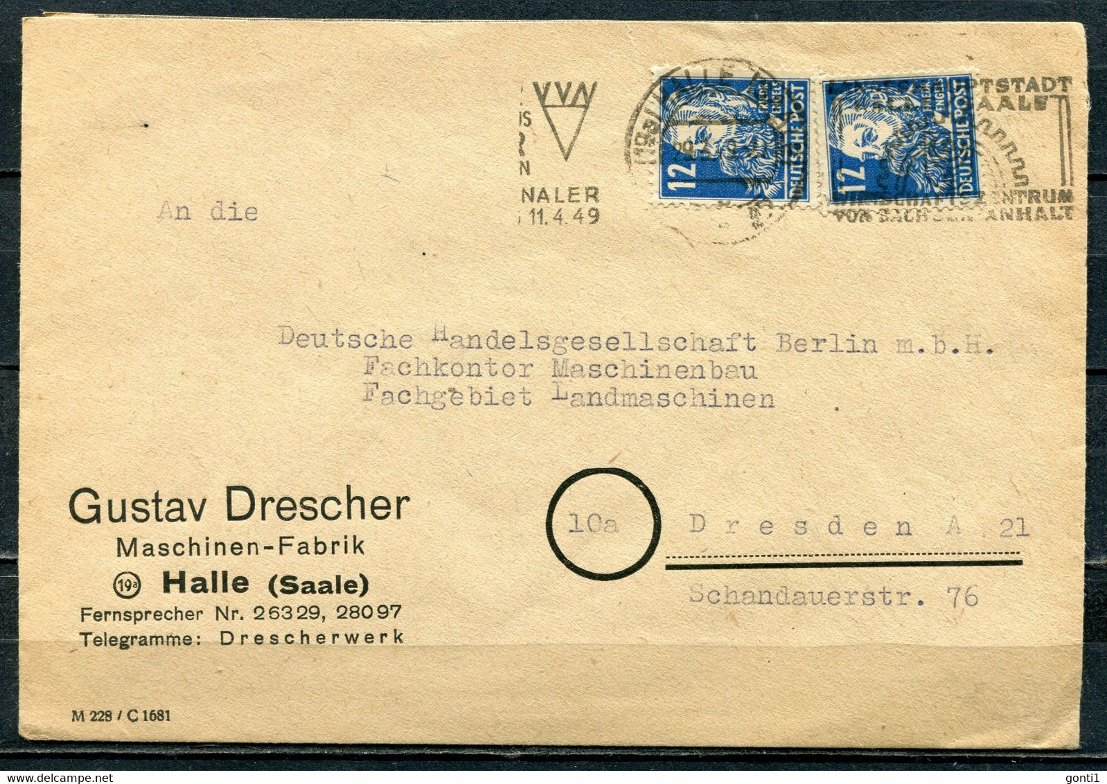 Germany Alli. Besetzung SBZ 1949 Firmen Bedarfsbrief M. Mi.Nr.216 Propag.MWST "Halle/Saale VVN Naziopfer "1 Beleg Used - Other & Unclassified