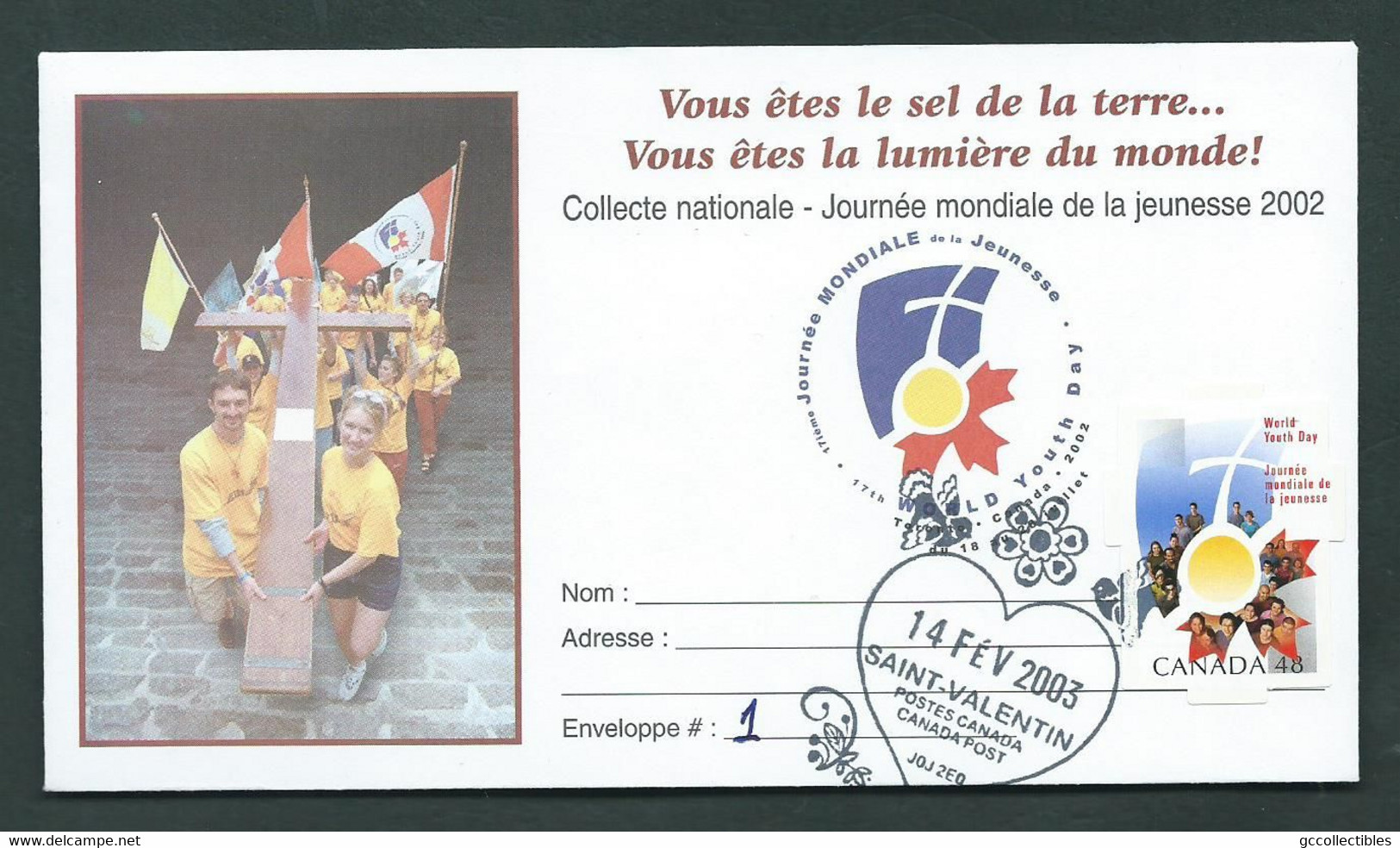 World Youth Day - Unique Cover # 1957 - Cancel Saint-Valentin 14 Fev. 2003 - Enveloppes Commémoratives