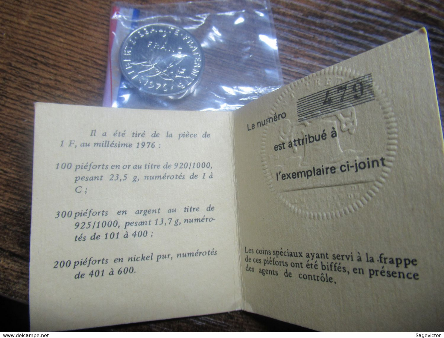Piéfort 1 Franc NI 1976 Avec Sachet Et Certificat - Pruebas