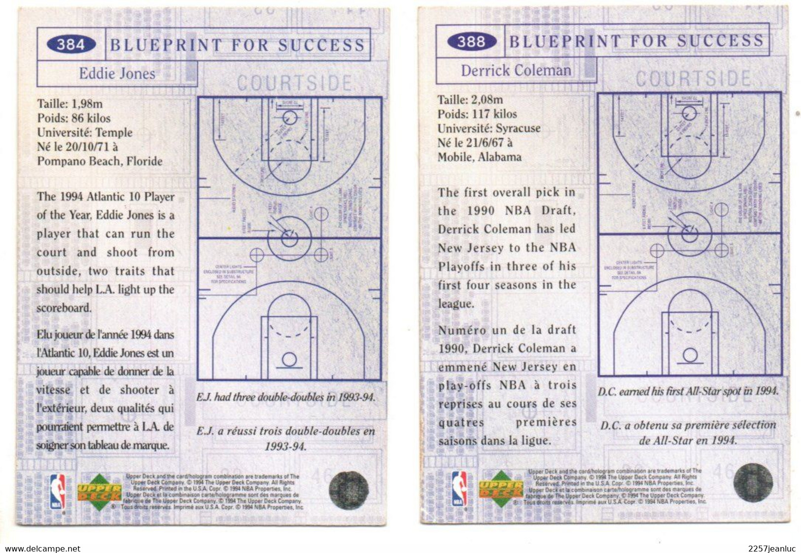 2 Cartes Pamini Club Basket Ball *  N;384 Eddie Jones  Los Ange& 388 Derrick Colemen  New Jersey Nets USA - Basketball