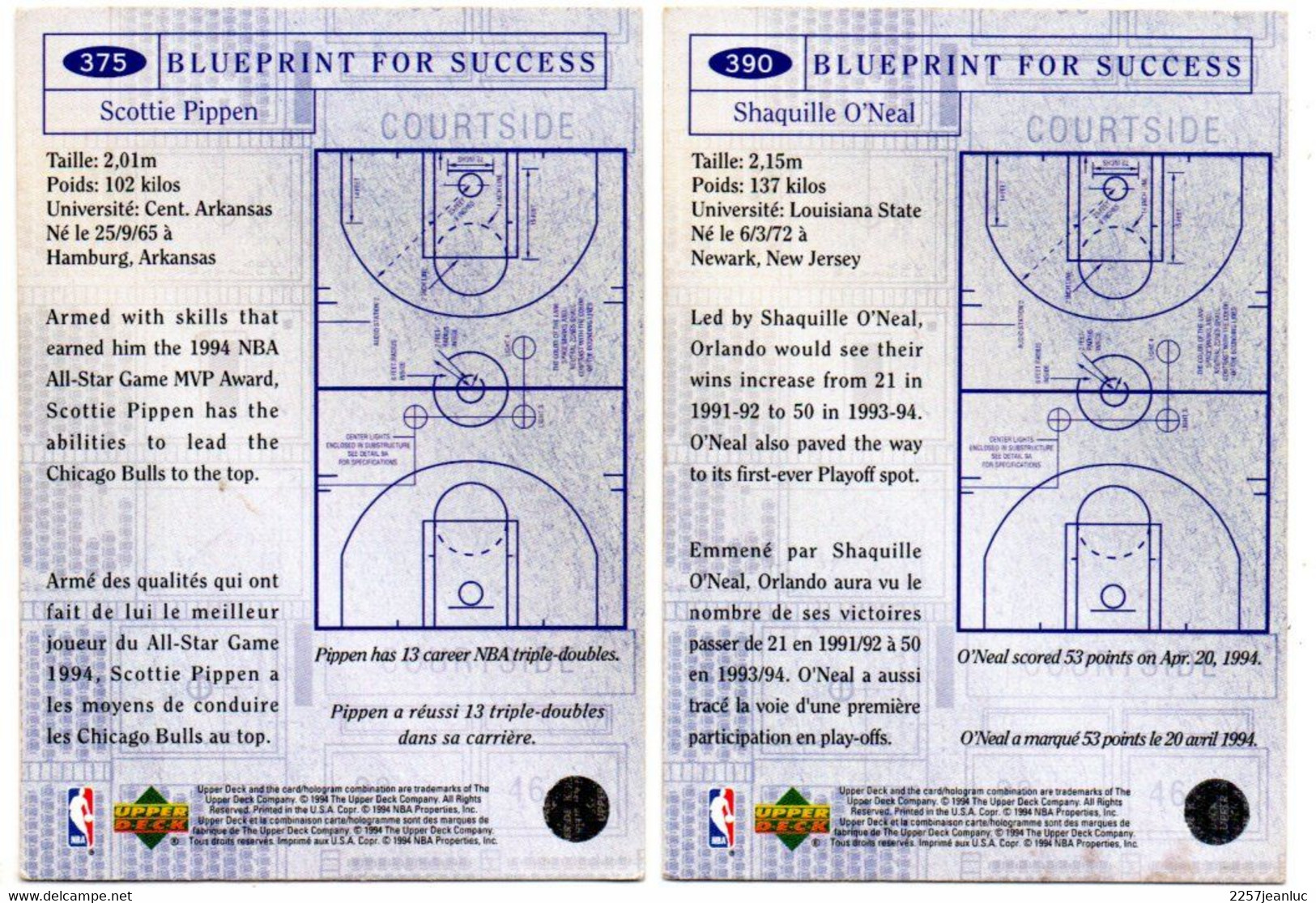 2 Cartes Pamini Club Basket Ball *  N;375 Scottie Pippen Chicago Bulls & 390 Shaquille ONeal Orlando Magic   USA - Basketball