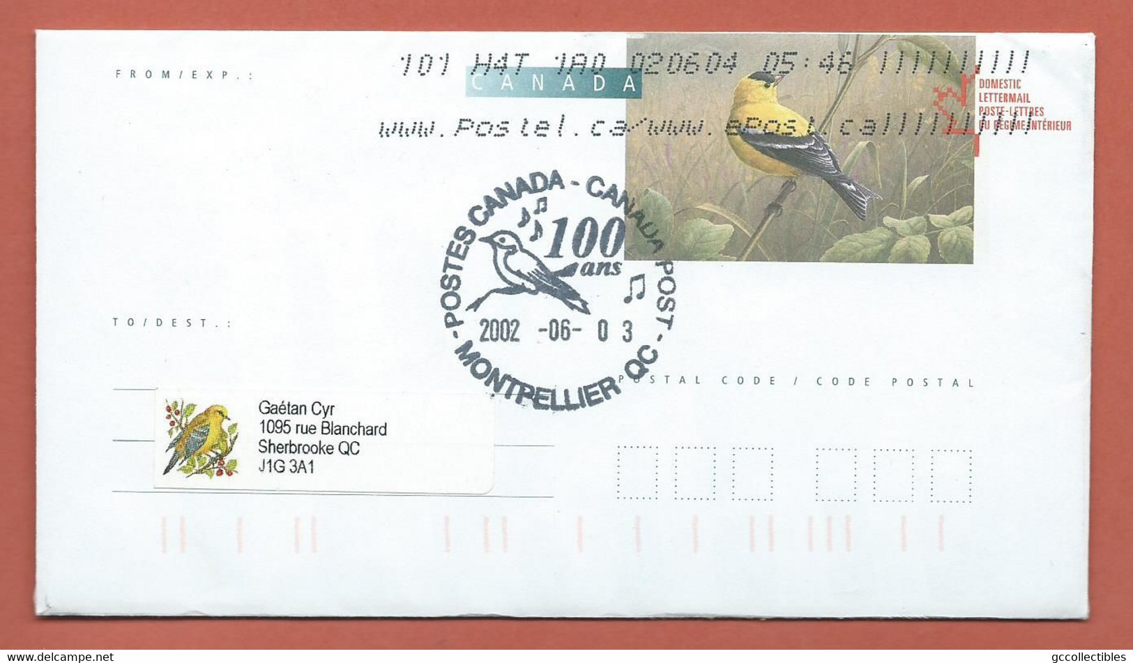 Canada #U168 Postal Stationery-American Goldfinch-Special Cancel Montpellier, Qc - Enveloppes Commémoratives