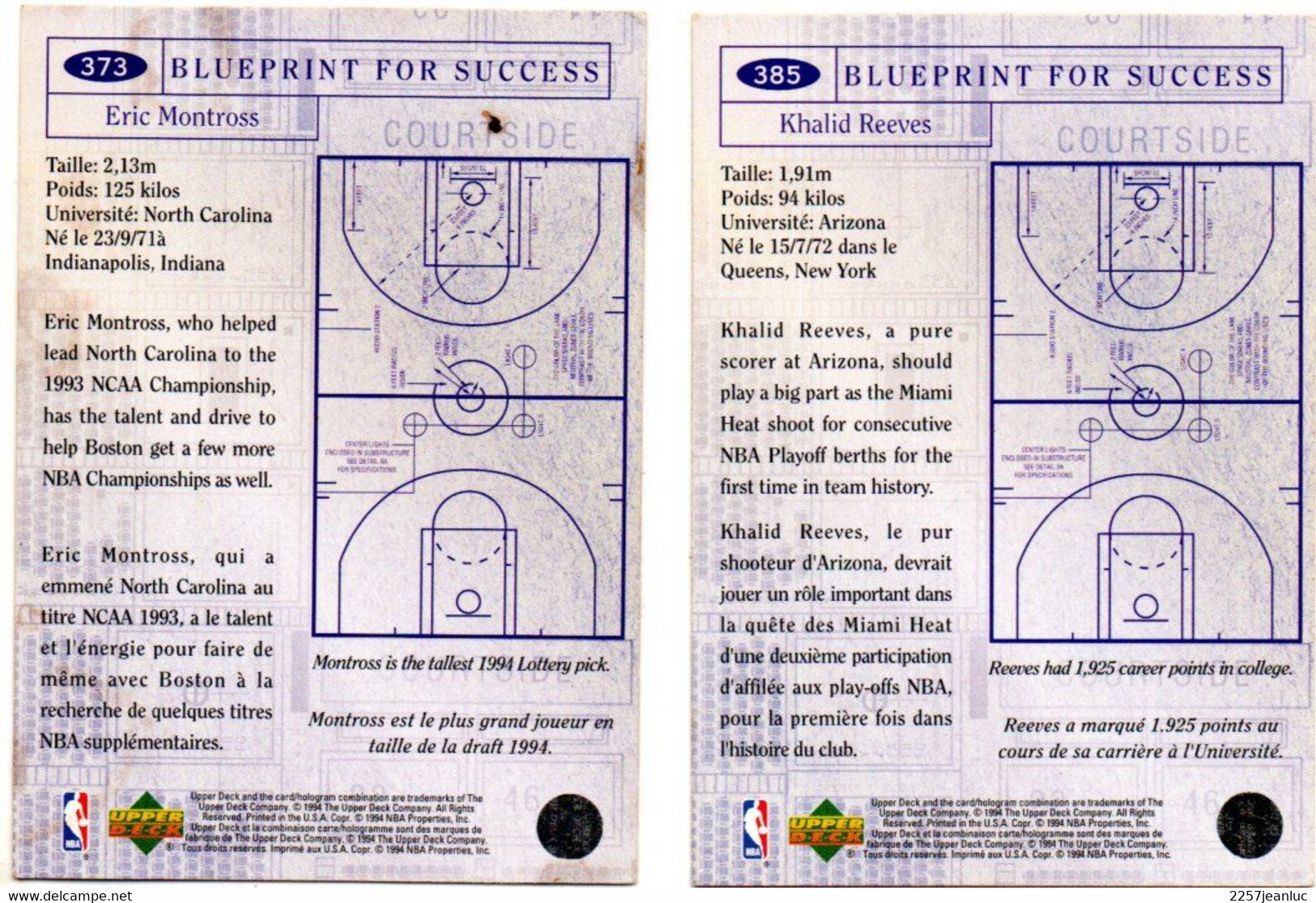 2 Cartes Pamini Club Basket Ball *  N;373 Eric Montross Boston Celtics  & 385 Khalid Reeves  Miami Heat *  USA - Pallacanestro