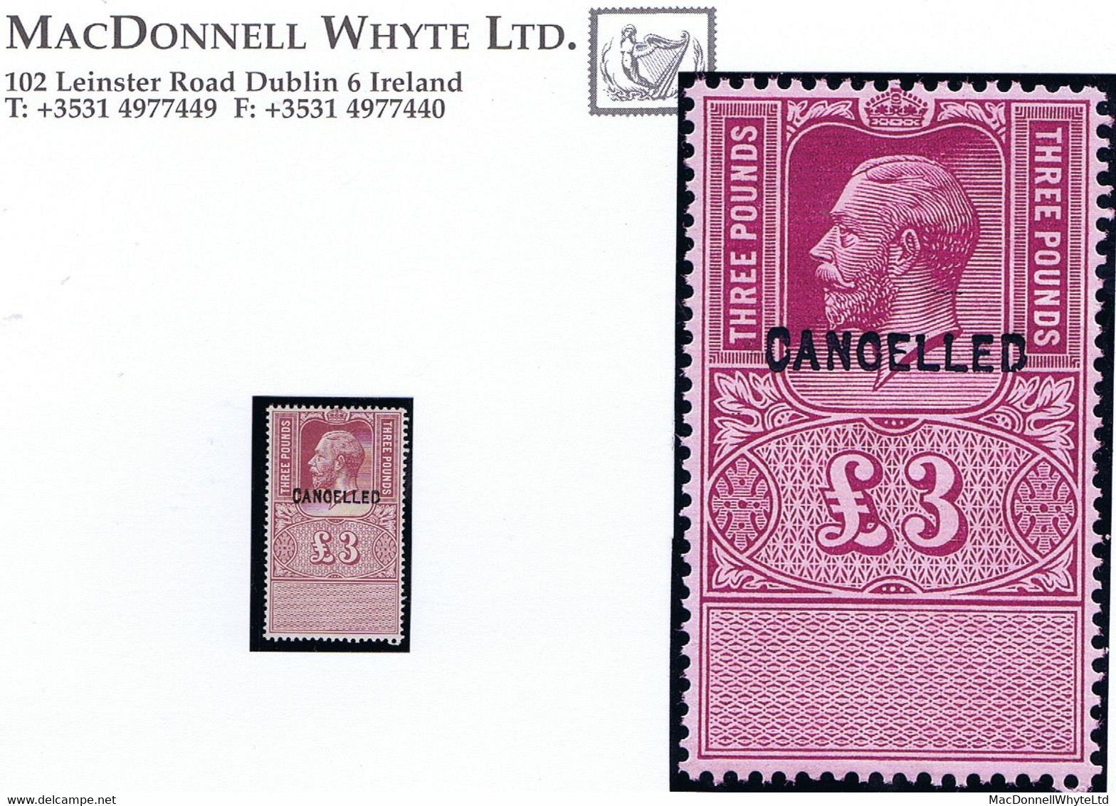 GB Revenues George V Keytype £3 Claret Unappropriated Die, Perforated Proof With Type 24 CANCELLED Mint - Fiscaux