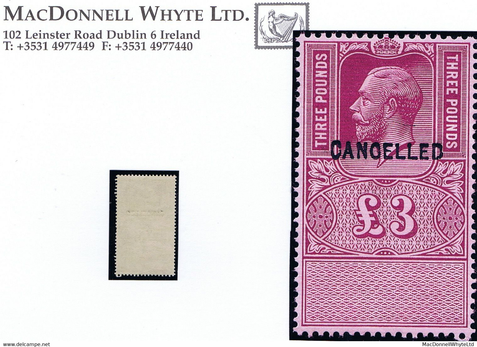 GB Revenues George V Keytype £3 Claret Unappropriated Die, Perforated Proof With Type 24 CANCELLED Mint - Revenue Stamps