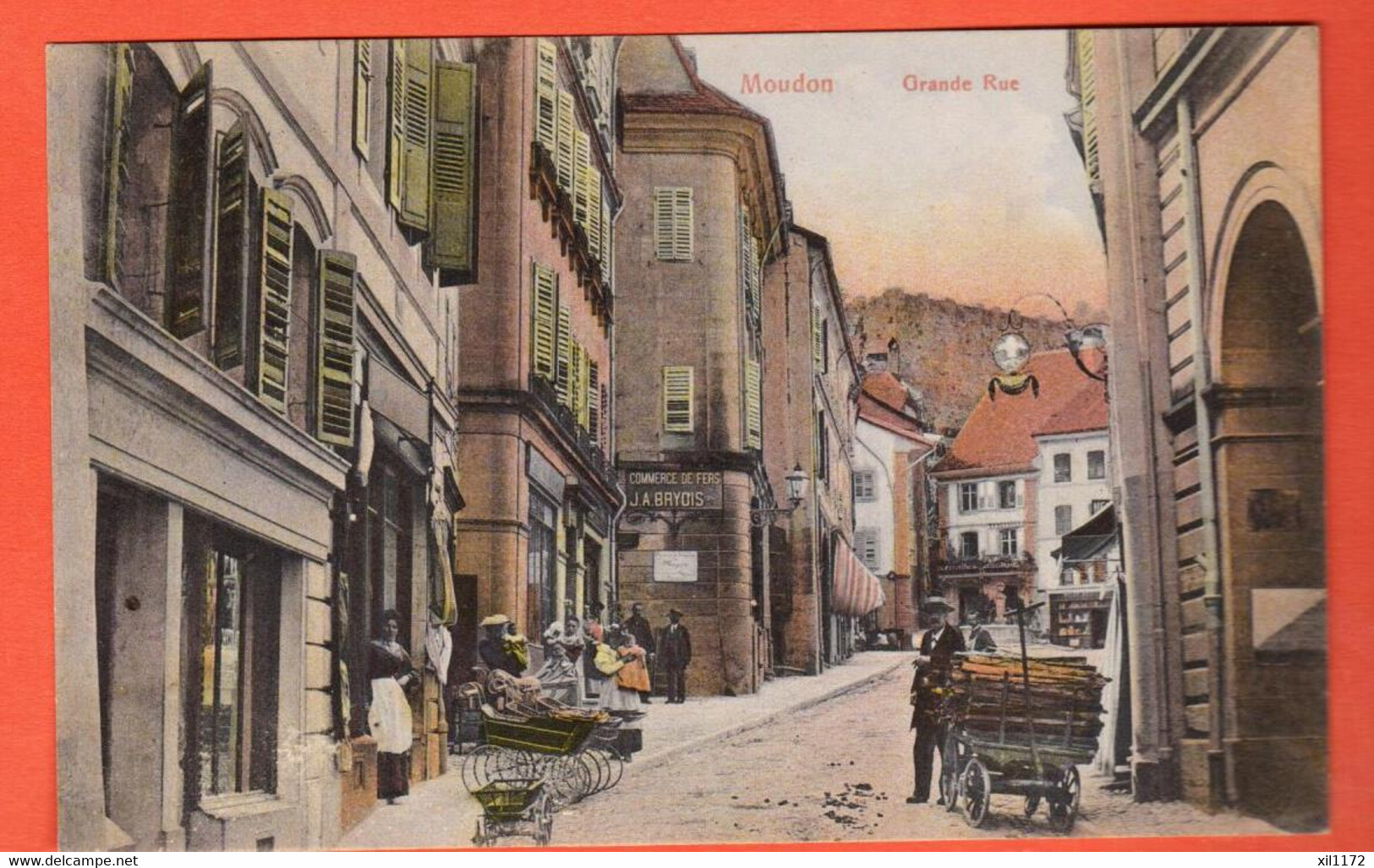 OAB-15 RARE Moudon  Grande Rue  Char à Bois  Commerce De Fer Bryois  Cachet Moudon 1908  Guggenheim 11815 C - Moudon