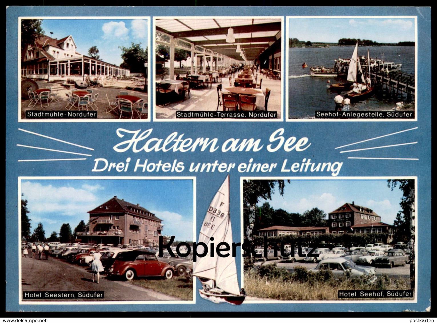 ÄLTERE POSTKARTE HALTERN AM SEE DREI HOTELS UNTER EINER LEITUNG VW KÄFER CABRIO HOTEL SEESTERN SEEHOF STADTMÜHLE AK Cpa - Haltern