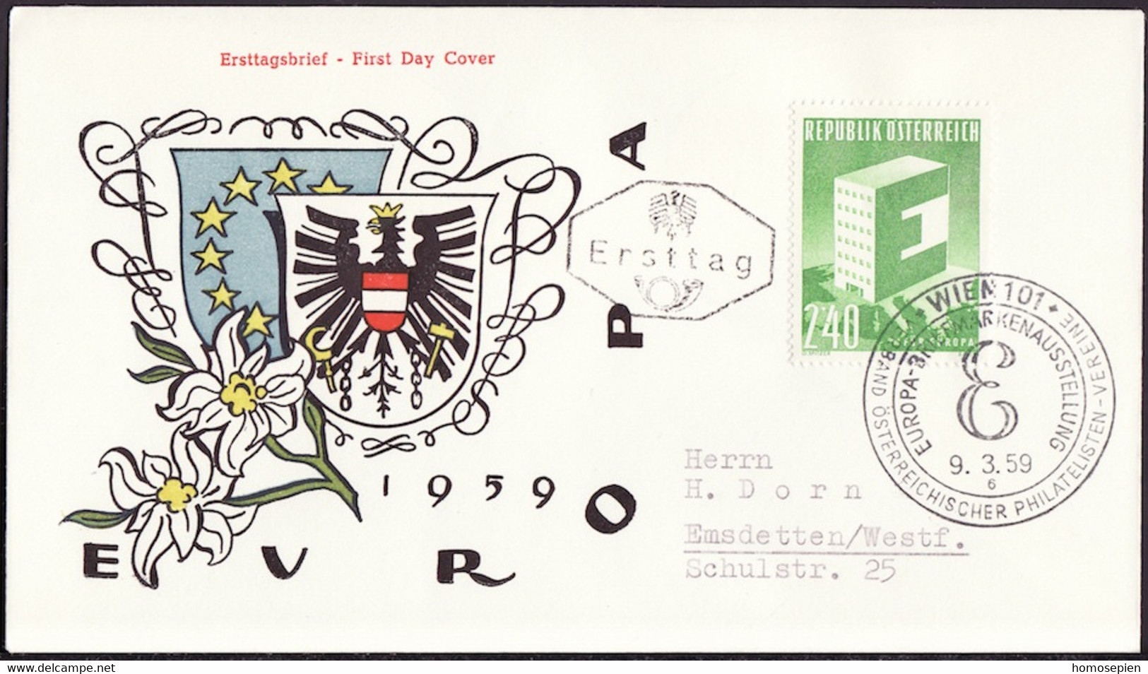 Europa CEPT 1959 Autriche - Österreich - Austria FDC5 Y&T N°901 - Michel N°1059 - 2,40s EUROPA - 1959