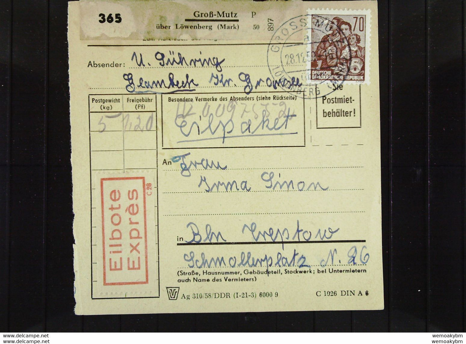 DDR: Paketkartenstammteil V. 28.12.59 Aus Groß-Mutz ü.Löwenberg (Mark) Nr.365 Mit 70 Pf 5-Jahrplan MiF M 25 Pf 10 J. DDR - Cartas & Documentos