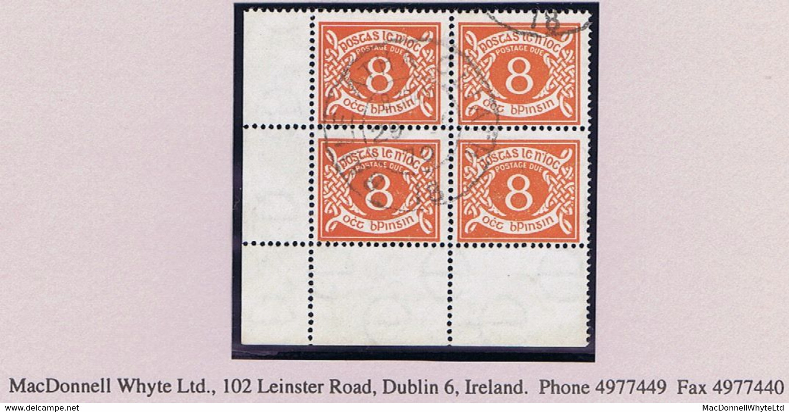 Ireland Postage Due 1940-69 8d Watermark E Corner Block Of 4 Fresh Used Dublin Cds - Portomarken