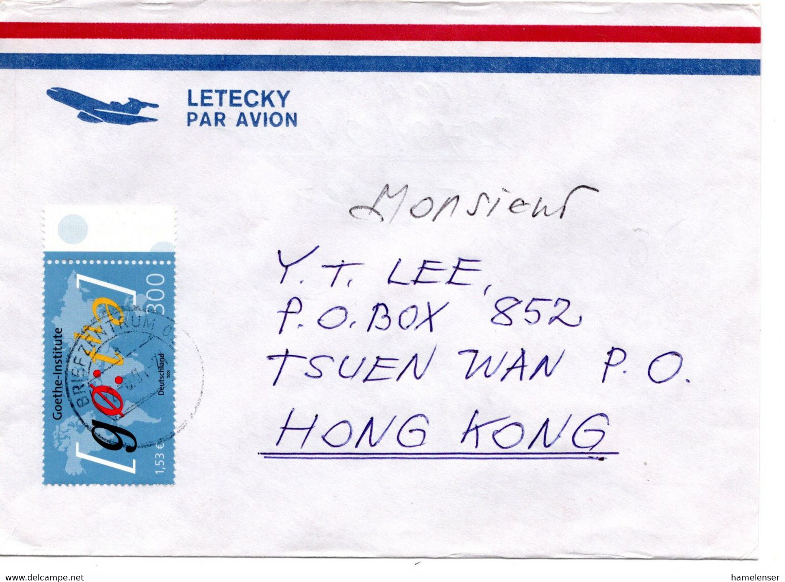 62434 - Bund - 2001 - €1,53/300Pfg Goethe-Institut EF A LpBf BRIEFZENTRUM 02 -> Hong Kong - Covers & Documents
