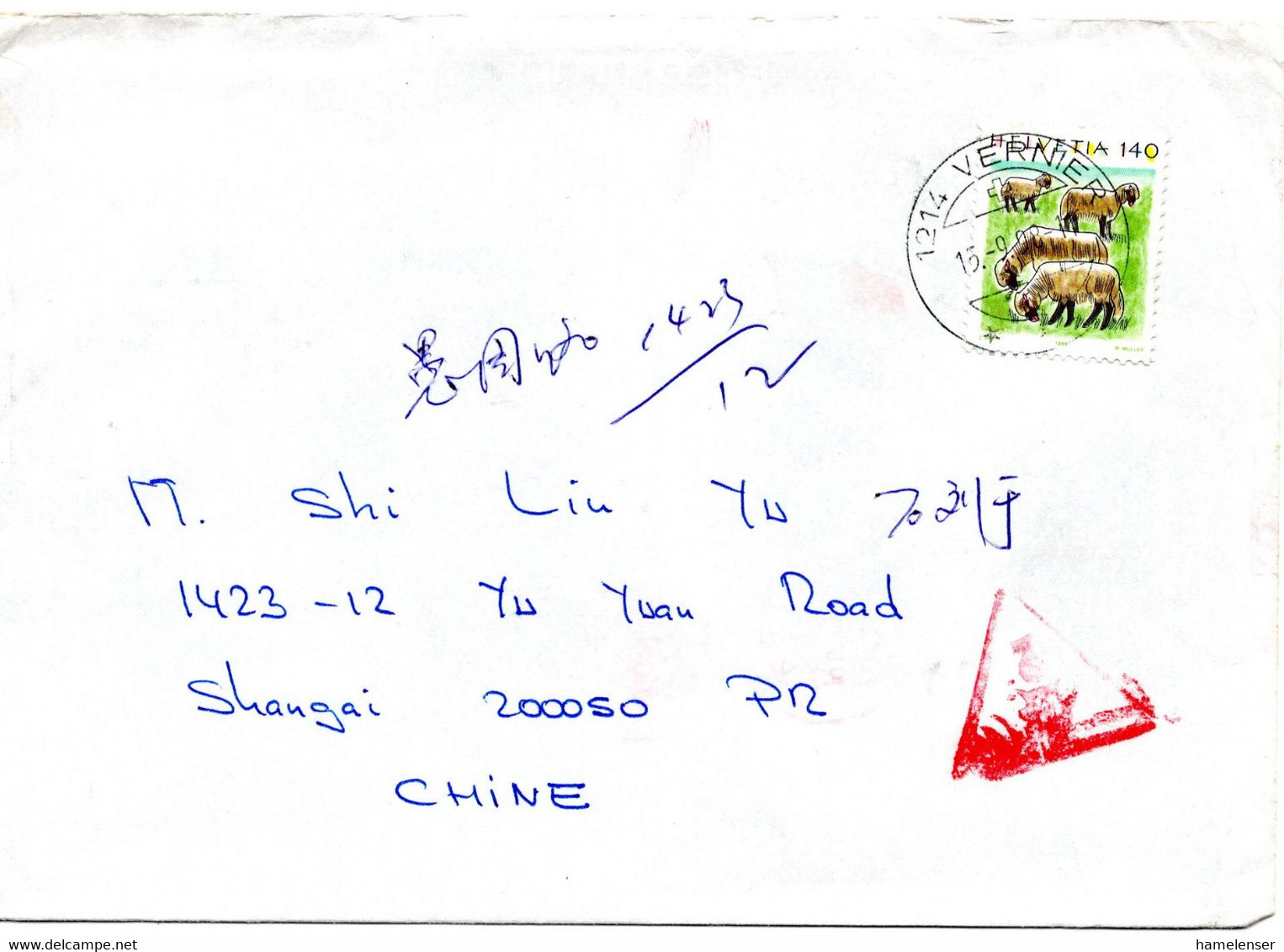62444 - Schweiz - 2003 - 140Rp Schafe EF A Bf VERNIER -> SHANGHAI (China) - Hoftiere