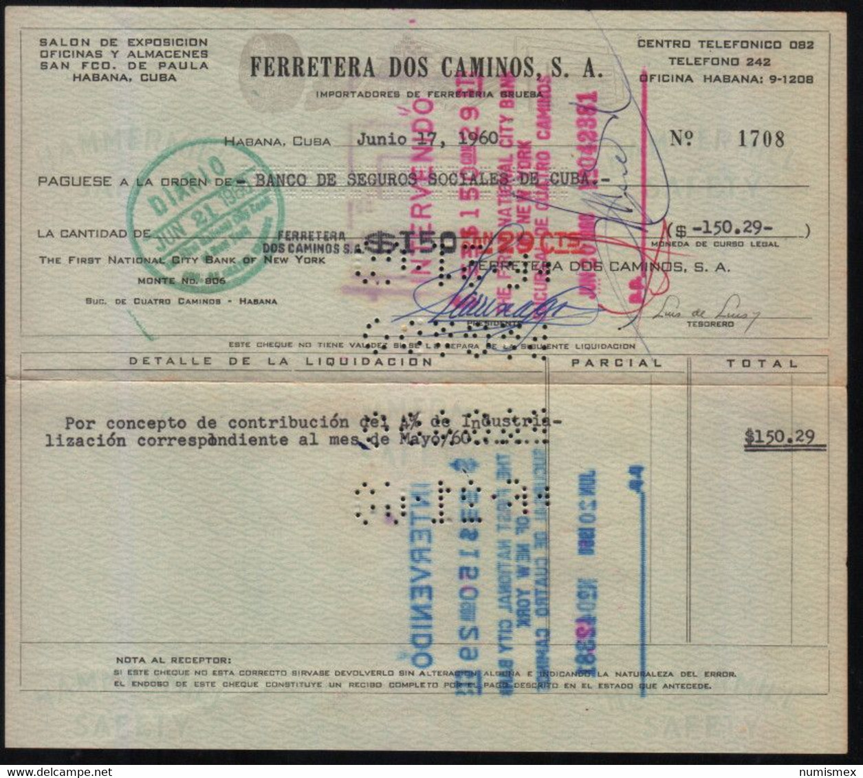 CUBA CHECK  THE FIRST NATIONAL CITY BANK OF NEW YORK 06/17/1960 FERRETERA DOS CAMINOS S.A. - Chèques & Chèques De Voyage