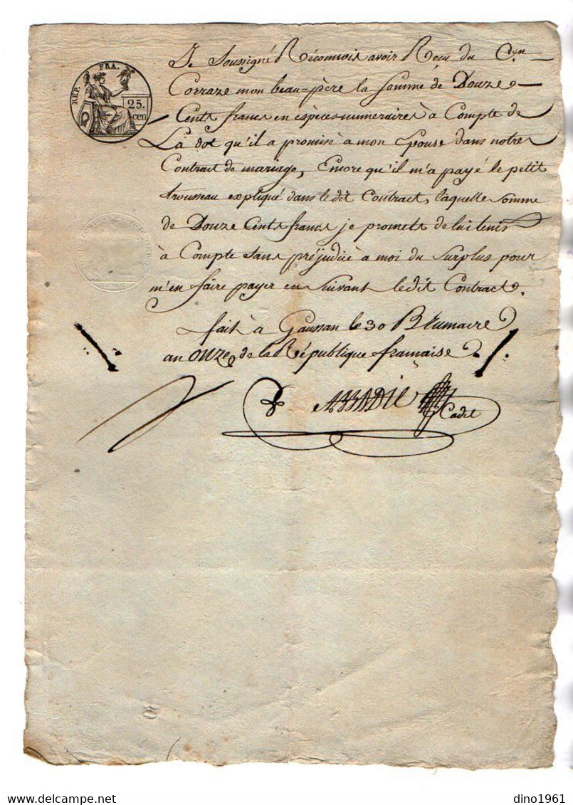 VP21.190 - République Française - GAUSSAN An 11 - Reçu - Citoyen CORRAZE - Manuscrits