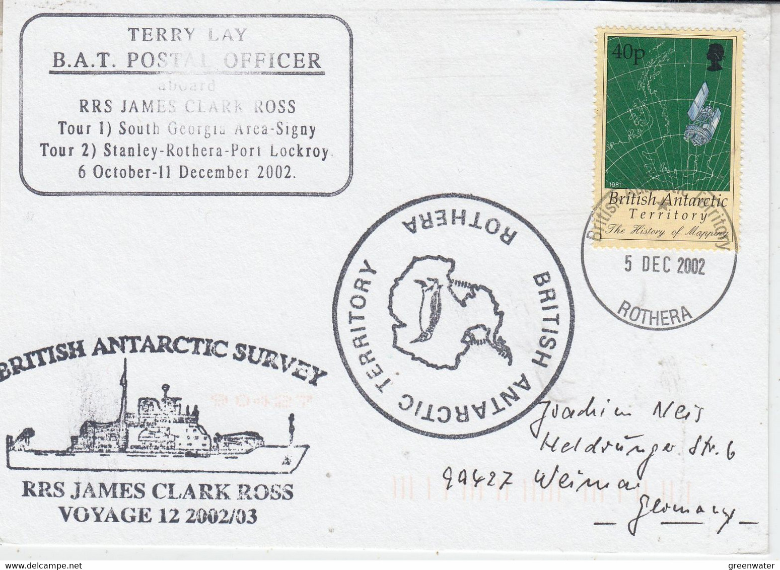 British Antarctic Territory (BAT) Card Ca BAT Post Officer Ca RRS J.C. Ross Ca Rothera 5 DEC 2002 (AT228) - Lettres & Documents