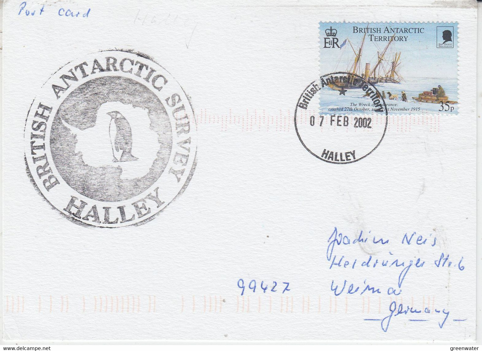 British Antarctic Territory (BAT) Card  Ca Halley 07 FEB 2002 (AT229) - Lettres & Documents